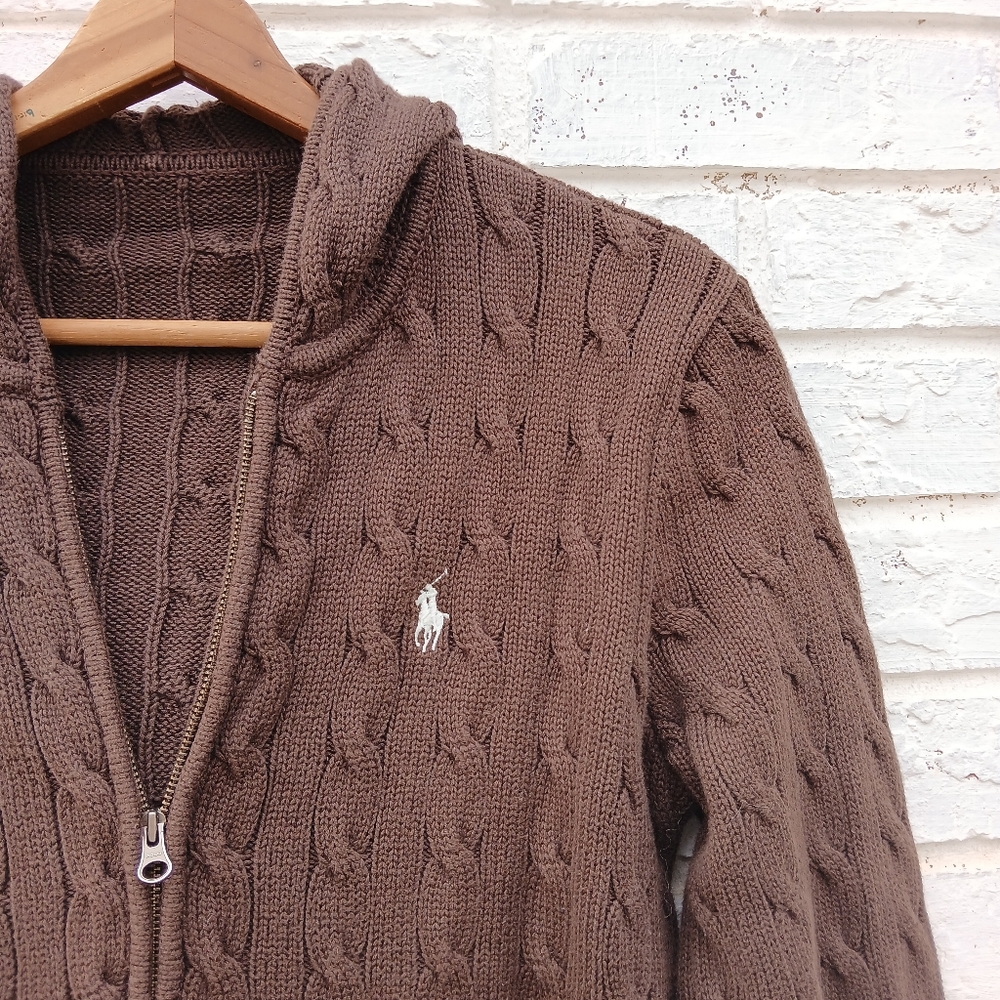 Vintage Ralph Lauren Cable Knit Hooded Full Zip Sweater Brown - Picture 3 of 5